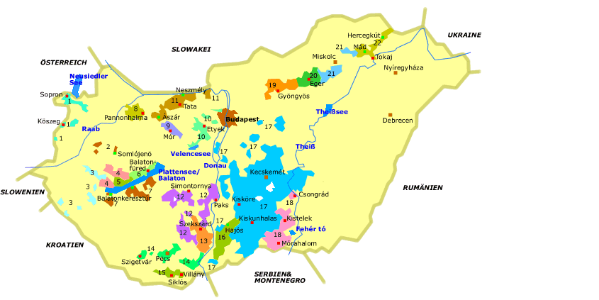 Karte mit den Weinregionen und den wichtigsten Weinorten Ungarns